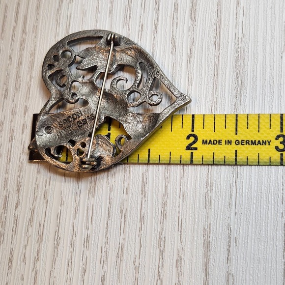 Spoon Vintage Pewter Heart Hummingbird Brooch Pin Floral Open Work Silver Tone - Picture 6 of 6